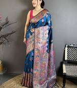 Teal ethnic motifs silk blend designer banarasi saree
