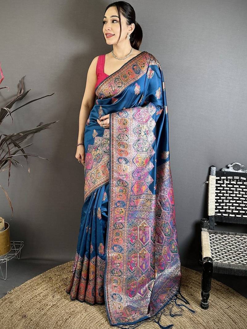 Teal ethnic motifs silk blend designer banarasi saree