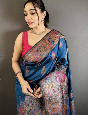 Teal ethnic motifs silk blend designer banarasi saree 2
