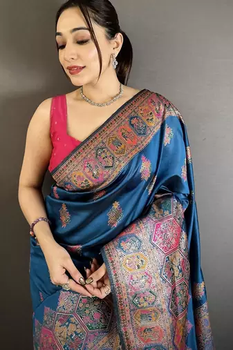 Teal ethnic motifs silk blend designer banarasi saree