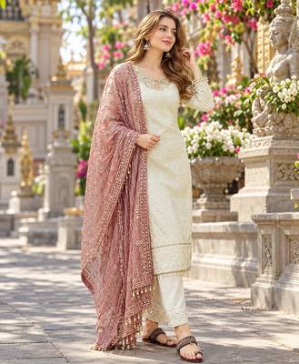 White&mauve georgette readymade suit with embroidery & sequence work 1