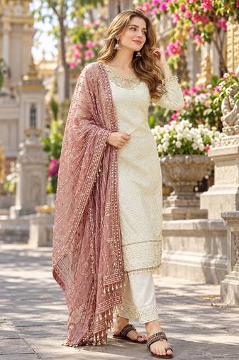 White&mauve georgette readymade suit with embroidery & sequence work