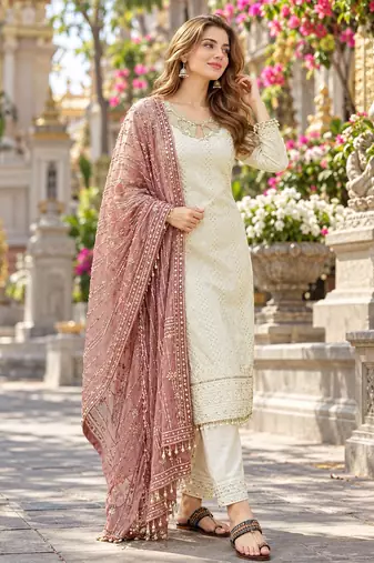White&mauve georgette readymade suit with embroidery & sequence work