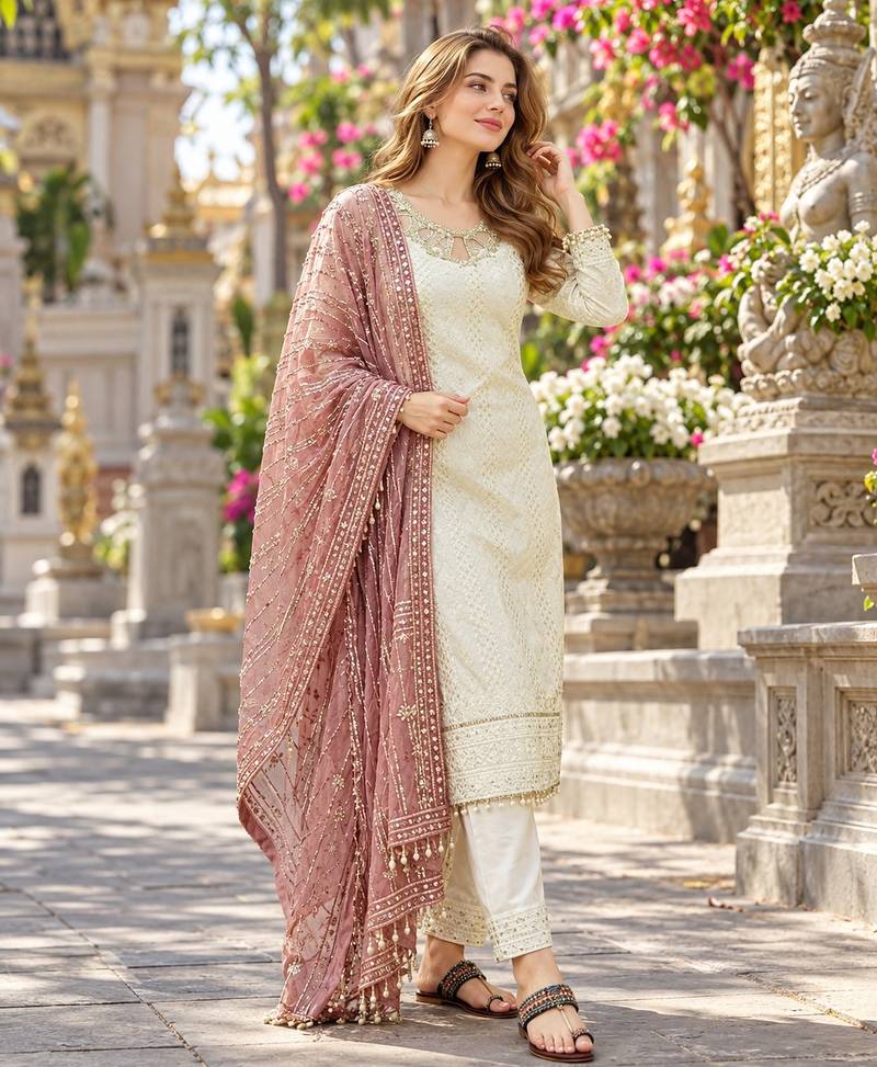 White&mauve georgette readymade suit with embroidery & sequence work