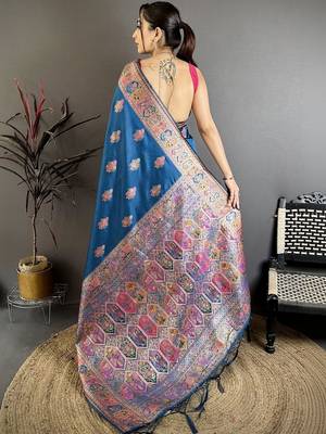Teal ethnic motifs silk blend designer banarasi saree 3