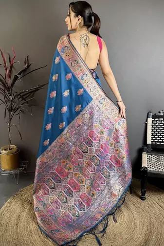 Teal ethnic motifs silk blend designer banarasi saree