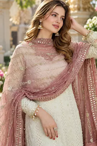 White&mauve georgette readymade suit with embroidery & sequence work