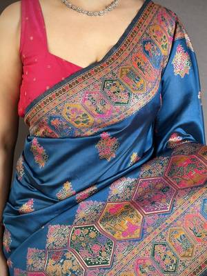 Teal ethnic motifs silk blend designer banarasi saree 4