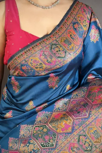 Teal ethnic motifs silk blend designer banarasi saree