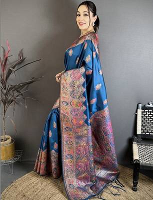 Teal ethnic motifs silk blend designer banarasi saree 5