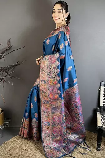 Teal ethnic motifs silk blend designer banarasi saree