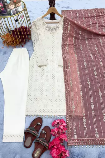 White&mauve georgette readymade suit with embroidery & sequence work
