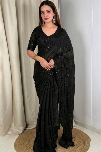 Black embellished embroidered satin designer saree