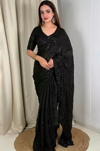Black embellished embroidered satin designer saree