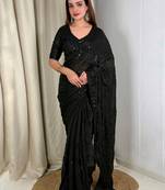 Black embellished embroidered satin designer saree