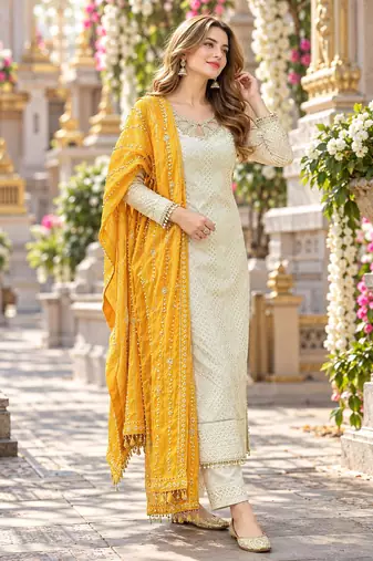 White&yellow georgette readymade suit with embroidery & sequence work