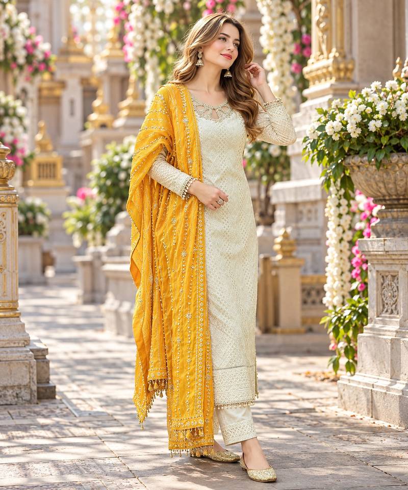 White&yellow georgette readymade suit with embroidery & sequence work
