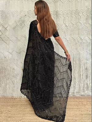 Black embellished embroidered satin designer saree 2