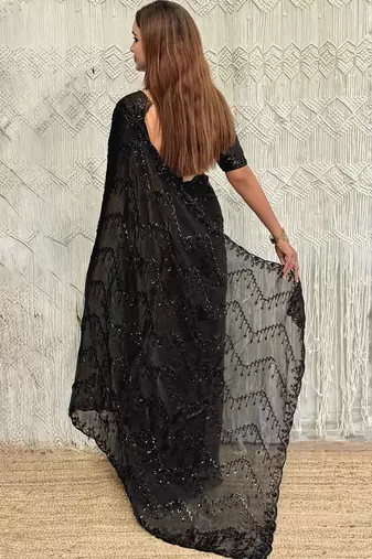 Black embellished embroidered satin designer saree