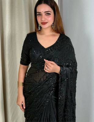 Black embellished embroidered satin designer saree 3
