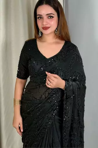 Black embellished embroidered satin designer saree