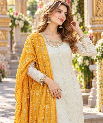 White&yellow georgette readymade suit with embroidery & sequence work 2