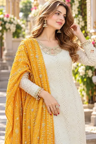 White&yellow georgette readymade suit with embroidery & sequence work