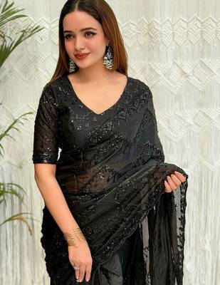 Black embellished embroidered satin designer saree 4