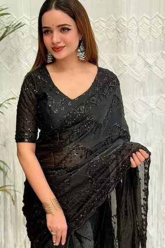 Black embellished embroidered satin designer saree
