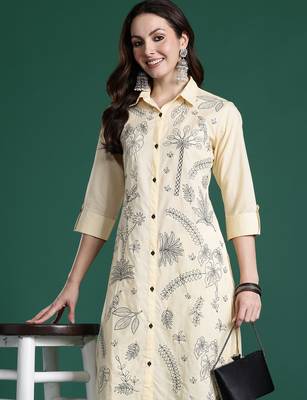 Beige embroidered cotton kurta trouser set 1