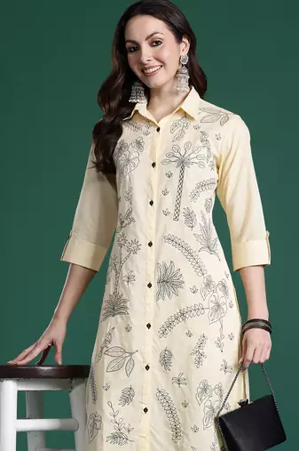 Beige embroidered cotton kurta trouser set