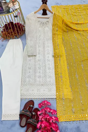 White&yellow georgette readymade suit with embroidery & sequence work