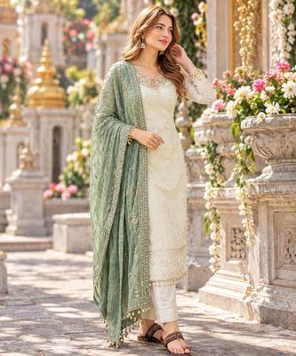 White&sea-green georgette readymade suit with embroidery & sequence work 1