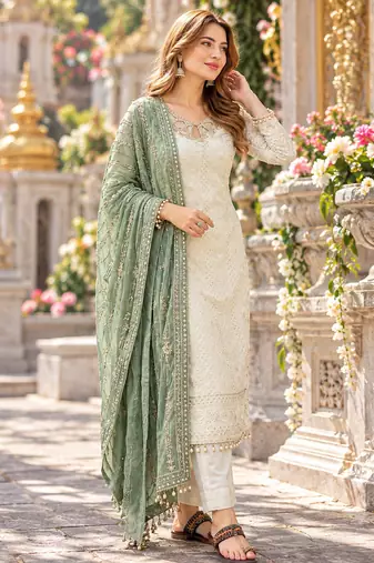 White&sea-green georgette readymade suit with embroidery & sequence work