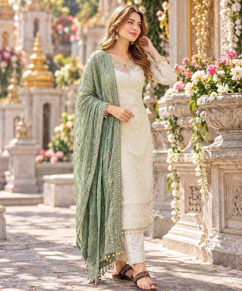 White&sea-green georgette readymade suit with embroidery & sequence work