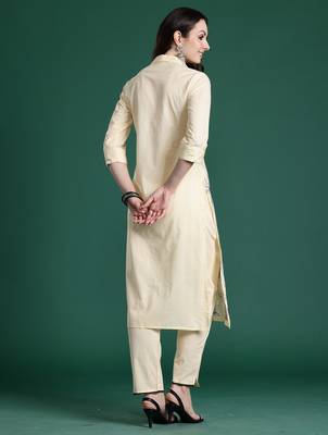 Beige embroidered cotton kurta trouser set 2