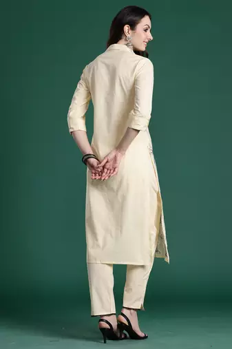 Beige embroidered cotton kurta trouser set