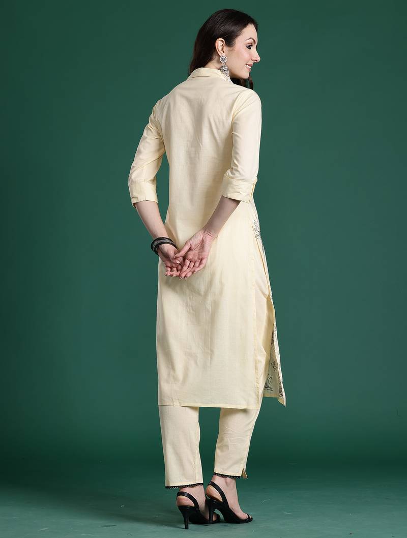 Beige embroidered cotton kurta trouser set