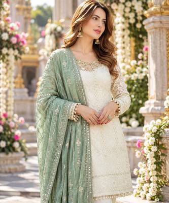 White&sea-green georgette readymade suit with embroidery & sequence work 2