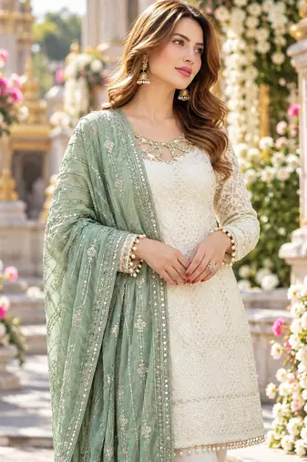 White&sea-green georgette readymade suit with embroidery & sequence work