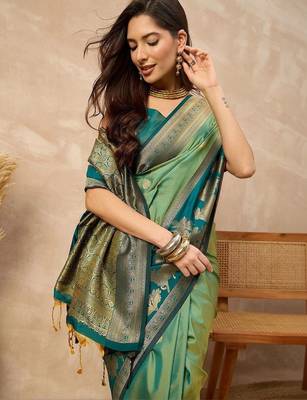 Green woven design zari art silk designer kanjeevaram saree 5
