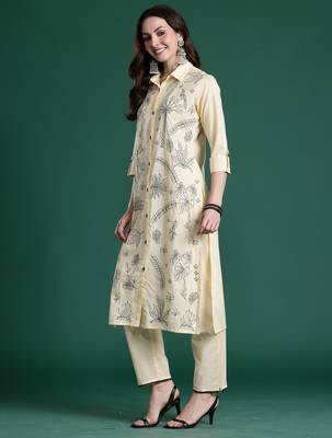 Beige embroidered cotton kurta trouser set 3