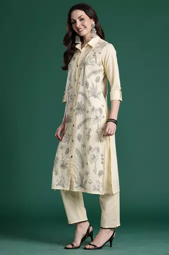 Beige embroidered cotton kurta trouser set