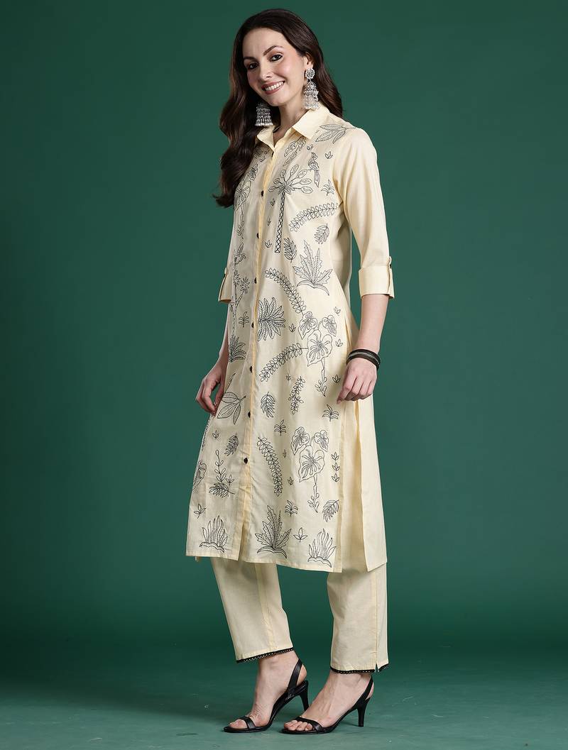 Beige embroidered cotton kurta trouser set
