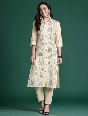 Beige embroidered cotton kurta trouser set 4