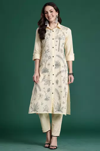 Beige embroidered cotton kurta trouser set