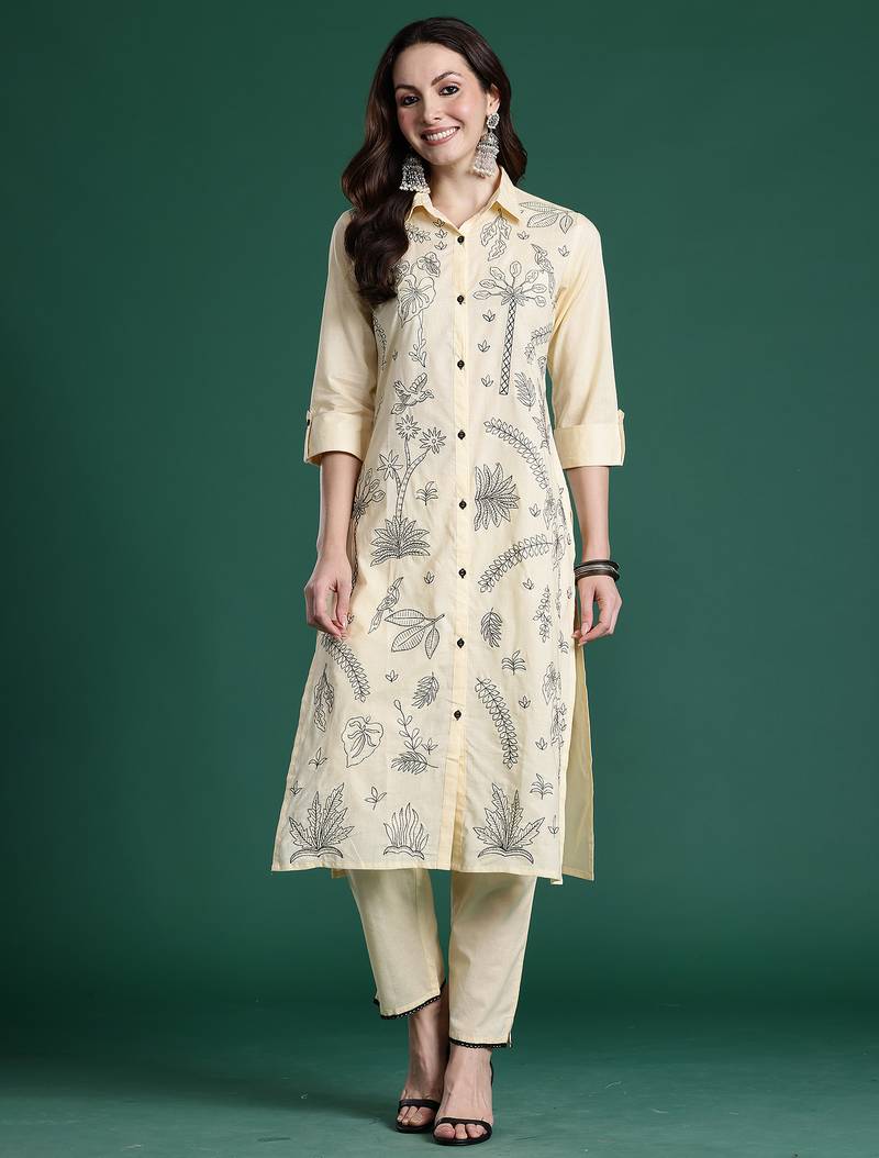 Beige embroidered cotton kurta trouser set
