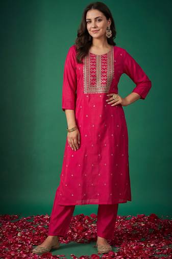 Pink printed silk kurta trouser set