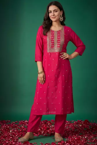 Pink printed silk kurta trouser set