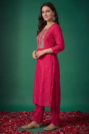 Pink printed silk kurta trouser set
